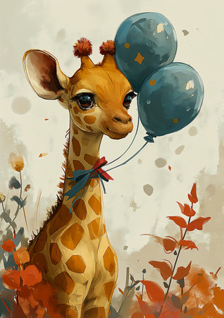giraffe holding two balloons mouth tall innocence princess hopeful expression youth best fantastic adorable design, generative aiの素材