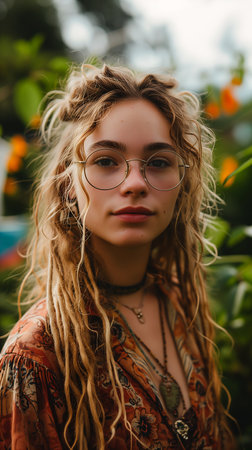 woman long blonde hair glasses standing front bush fantastic details full face young hippie girl lots dreadlocks head gen short top dread adorable about, generative aiの素材