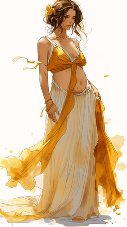drawing woman yellow dress long skirt metal gear solid appears fire goddess pregnant belly orange color tone white sarong casual summer clothes telltale saga young, generative aiの素材