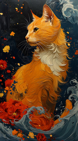 kitty cat kitten sitting body deep red flowers ash swirls paint orange flowing hair painted blond plume fractals golden side profile, generative aiの素材