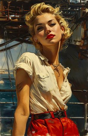 woman white shirt red pants yacht sea facial structure defiant look attitude rockabilly hair deck sailing ship wide golden eyes lips girl love artsy sleek blond, generative aiの素材