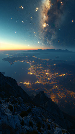 view mountain sky full stars greek gulf city glow accents beautifully daylight night time, generative aiの素材