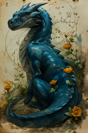 blue dragon sitting rock flowers rex coloring deity spring reptilian warrior beautifully cobalt, generative aiの素材