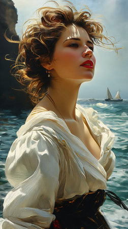 woman white dress standing beach face digital yacht sea looking away viewer shaded looks young talented nautical scene, generative aiの素材