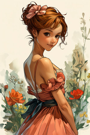 woman dress standing field flowers coral hair bowknot chinese girl human female anthropomorphic deer books cover two buns, generative aiの素材