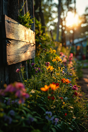 wooden sign says peaching hill farm flower garden summer morning adorned precious stones cabin lights courtyard walkway gorgeous romantic sunset villages terraces soothing, generative aiの素材