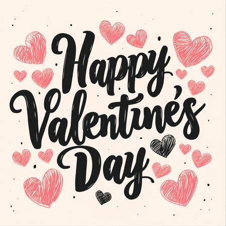 happy valentines day hand lettering hearts illustration black outlining, generative aiの素材