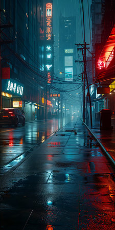 street lot traffic night moody environment rainy city background walking towards red cyan endless pulp noir, generative aiの素材