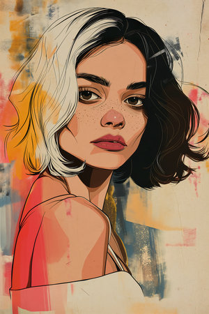 woman white hair pink top patterns young womans face girl standing keen bright pop, generative aiの素材