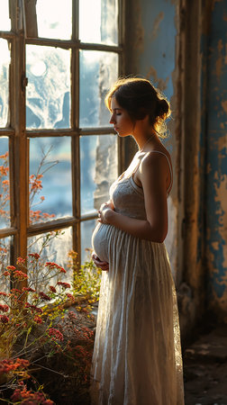 pregnant woman white dress standing front window flowers beams sunlight panspermia see bumpy mottled skin buttercups suspended air midday vividly color looking sky pot bellied, generative aiの素材