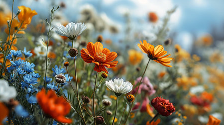 different colored flowers field color theme teal orange palette red white vibrant, generative aiの素材
