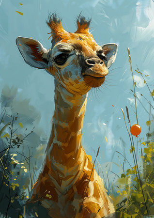 giraffe field flower foreground portrait tall later confirm forest gog happy sunny day best closeup adorable wet paint, generative aiの素材