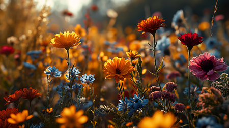 brightly colored flowers field grass weeds stunning flowing feeling humanoids overgrown cute achingly forbidden beauty new yellow blue bloomy subtropical plants, generative aiの素材