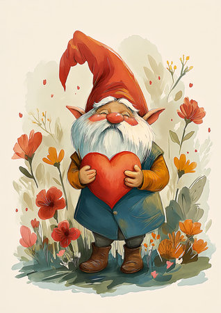 gnome holding heart hands illustration being delighted cheerful flower artworks society streaming slightly pointed ears reds toy design good looking, generative aiの素材