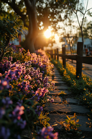 purple flowers line path front tree fence golden hour city cobblestone roads cute flutter walking garden gorgeous romantic sunset shadows suburban sidewalk steps, generative aiの素材