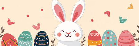 closeup rabbit easter eggs row sticker emitting bright illustrations smiles color heavily clear background cute, generative aiの素材