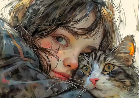 girl kitty cat kitten hugging full face portrait composition amazing colored warm features drawing children random keen pets, generative aiの素材