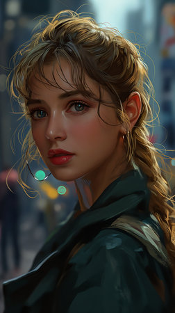 woman ponytail green jacket light intriguing piercing eyes delicate face portrait vampire artificial intelligence princess girl, generative aiの素材