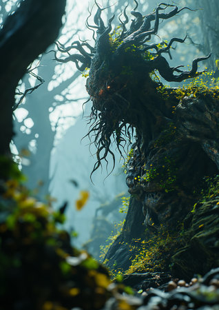 looking tree woods design details hunchbacked withered panoramic earth magic, generative aiの素材