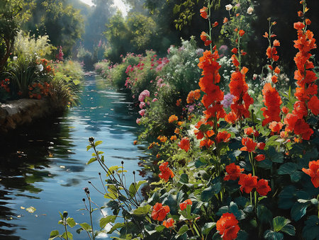 river flowers trees background red gardens rays sunlight plant growth breathtaking, generative aiの素材