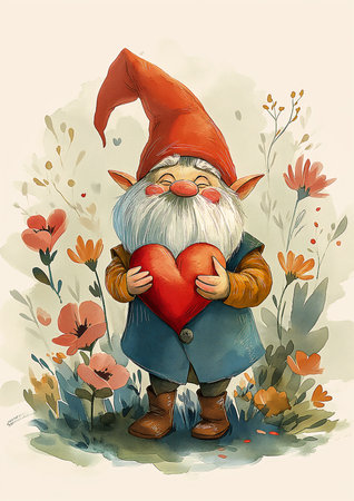 gnome holding heart hands mascot illustration neotenous being delighted cheerful color red slightly pointed ears old city full flowers dwarf cleric, generative aiの素材