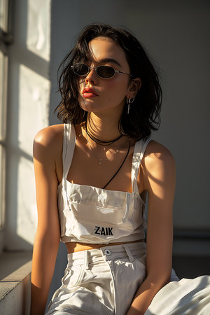 woman sitting ledge wearing white top pants lettering overalls aviator shades full face pose still shoulder length black hair influencer, generative aiの素材