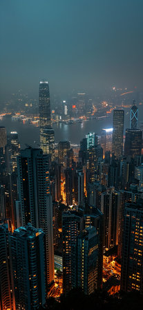 view city night lot tall buildings syndicate corporation eerie high shadows sharp roofs grey zoomed out, generative aiの素材