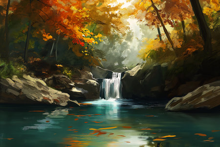 waterfall forest stream running autumn leaves falling background jungle river deep reflecting suns light whirlpool still pond young scenery, generative aiの素材