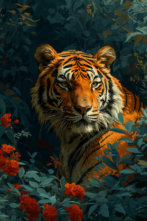 tiger sitting bushes vivid caustics graphic novel bright brilliantly colored symmetric, generative aiの素材