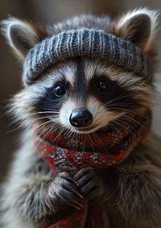 wearing knitted hat scarf paws crossed extremely happy raccoons begging alms portrait cute monster robbery sharp face pointy mask round red neckerchief, generative aiの素材