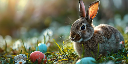 rabbit sitting grass easter eggs gorgeous strong candy treatments color restoration animations joyous trumpets, generative aiの素材