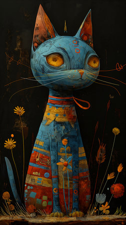 kitty cat kitten blue body orange eyes toy illustrated bark diagrams patina well scratches subdued color, generative aiの素材