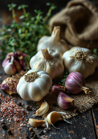 garlic herbs table sack love affair doubt thick red tones grainy poorly rated heroic history day pestilence, generative aiの素材