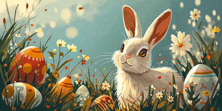 rabbit sitting grass easter eggs bright sunny time closeup adorable talented stunning spring, generative aiの素材