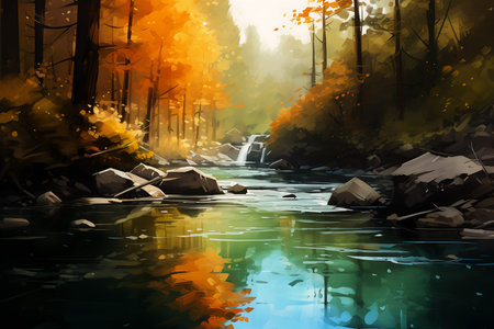 stream forest rocks trees warm scene stunning drawing rendition young radiant morning light splashes liquid, generative aiの素材