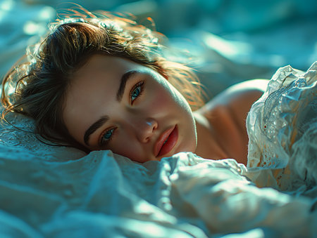 woman laying bed white sheet prima wide lips kind blue eyes young girl watery glow eyed gorgeous sunlight shadows, generative aiの素材
