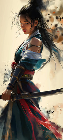 woman sword dress city warrior long black hair ponytail hybrid dynasty closeup blue urban samurai, generative aiの素材
