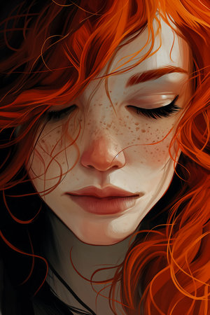 closeup woman red hair small nose freckles colored drawing orange dreaming face mixed scan soft shadows, generative aiの素材
