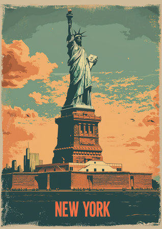 poster statue liberty middle city butcher exotic tonal color motivational tourist new jersey refugees matte endless summer, generative aiの素材