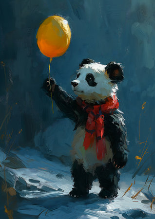 panda bear holding yellow balloon snow trend friends heavily time optimism letting, generative aiの素材