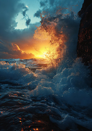 surfers riding waves ocean sunset deep violent sea closeup magic gate soul drifted away scenery camp half blood stunningly, generative aiの素材