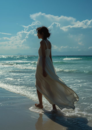 walking beach white dress song color balance harmony face body azure deep flow visualization purity, generative aiの素材