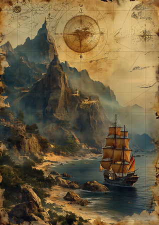 ship deep near mountain map piracy torn sails young wind rose rum traveler, generative aiの素材