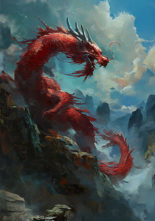 red dragon mountains sky background chinese riot entertainment underwater sea top rated president mystic sha, generative aiの素材