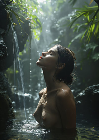 woman pool deep waterfall porcelain skin rainforest sacred perfect lighting gape top rated steamy outside enclosure magical botanic ecstatic expression beauteous sumptuous, generative aiの素材