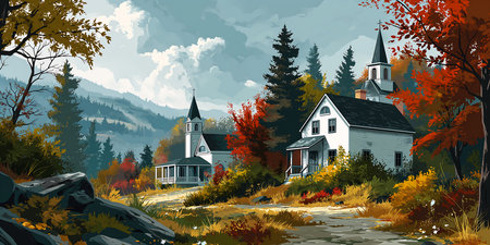 country house fall church background valve promotional splash witness banner american dream mountain forest inside computer high school, generative aiの素材