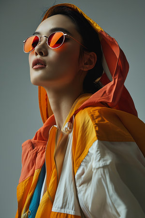 woman wearing jacket sunglasses hood sales orange translucent sheet floating pieces society sail, generative aiの素材