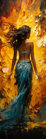 woman blue dress walking field portrait draped silky gold color yellow sunflowers appears fire goddess swirling paint, generative aiの素材