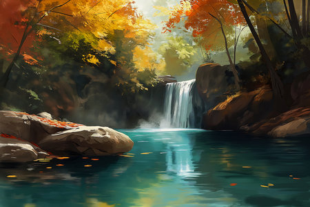 waterfall forest background color falling leaves young beside river dream pool bright volumetric shading, generative aiの素材
