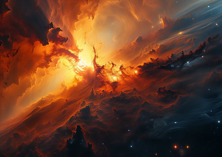 sunset sky flowing lava deep space closeup whirling gasses singularities baroque, generative aiの素材